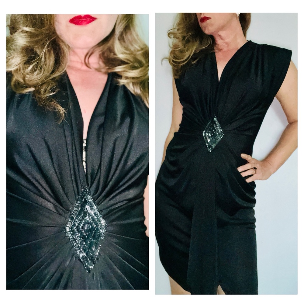 Vintage 1980s Climax Sexy Black Satin David Howard Evening Dress Sz 9/10